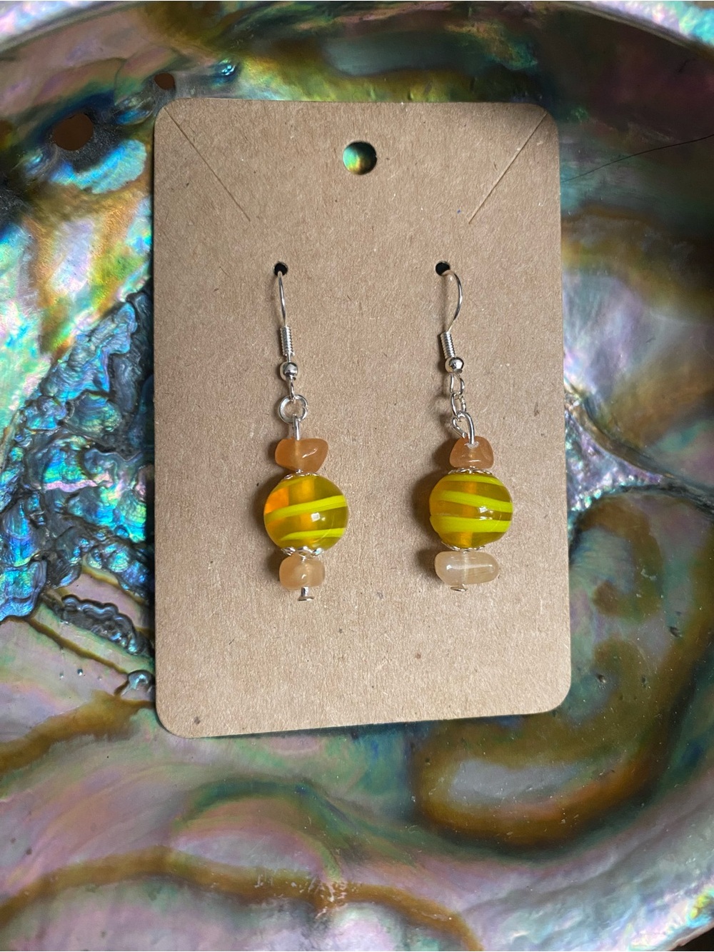 Handmade Yellow Striped Glass Bead Dangle Earrings — Silver Hooks